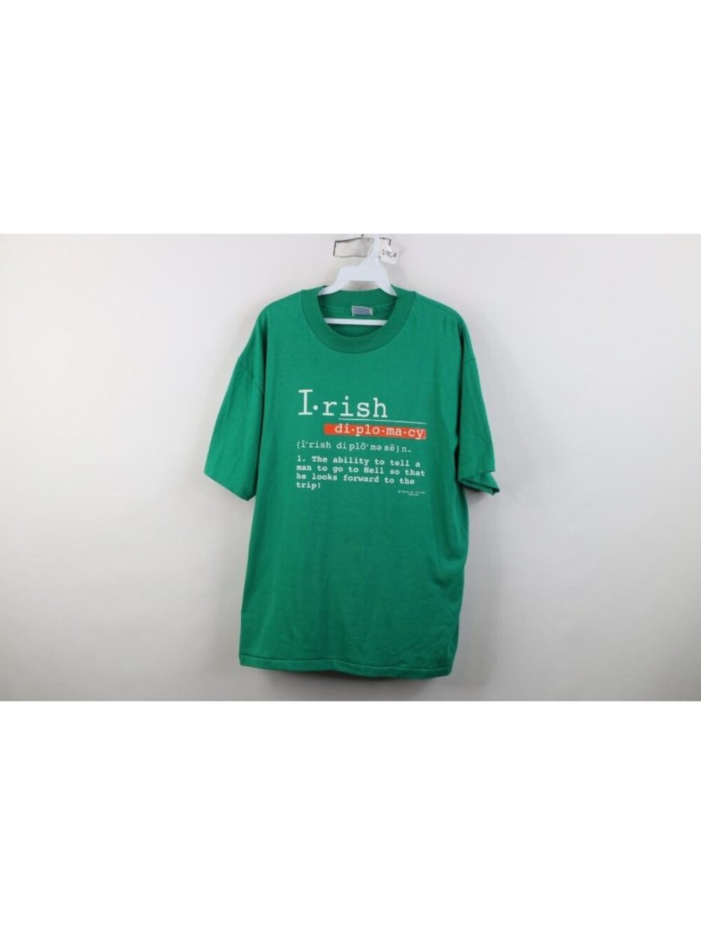 Vtg 90s Streetwear Mens Large Funny Irish Diplomacy Go To Hell T-Shirt Green USA